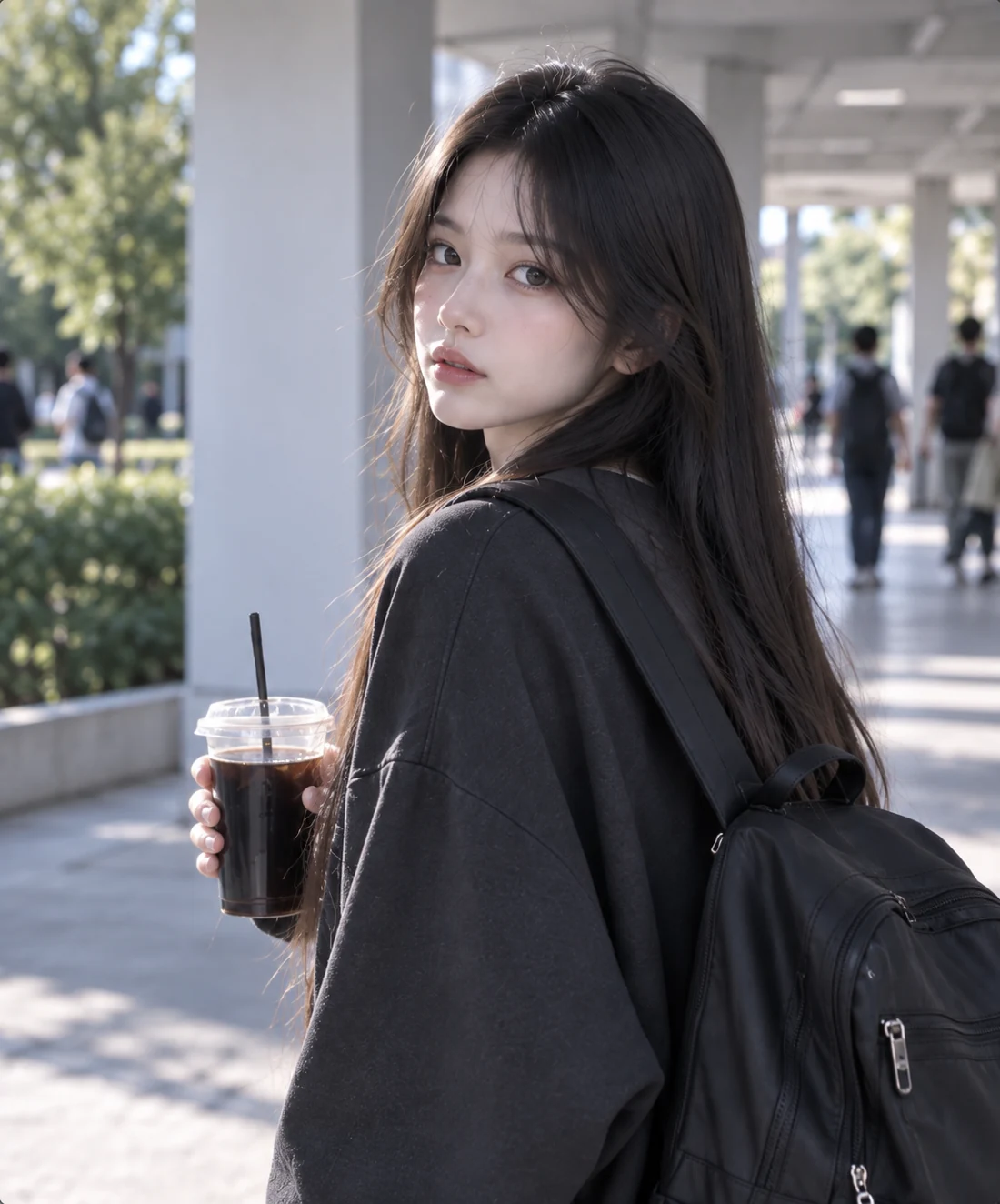 穿黑色外套的长发女生回眸，日光下的清透冷感氛围